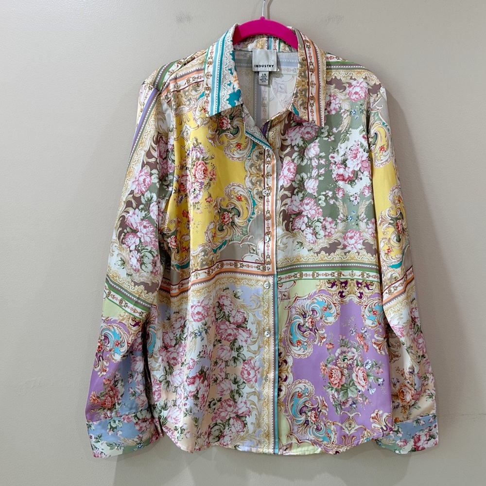 Industry Satin Button Up Shirt Floral Scarf Print Long Sleeve Blouse Womens L